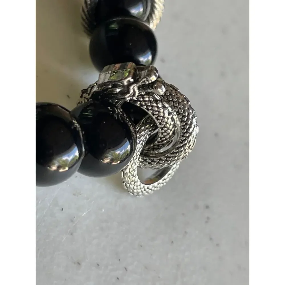 Kensu Black Beaded Bracelet with Dragon wrapped Around with Silver Rings